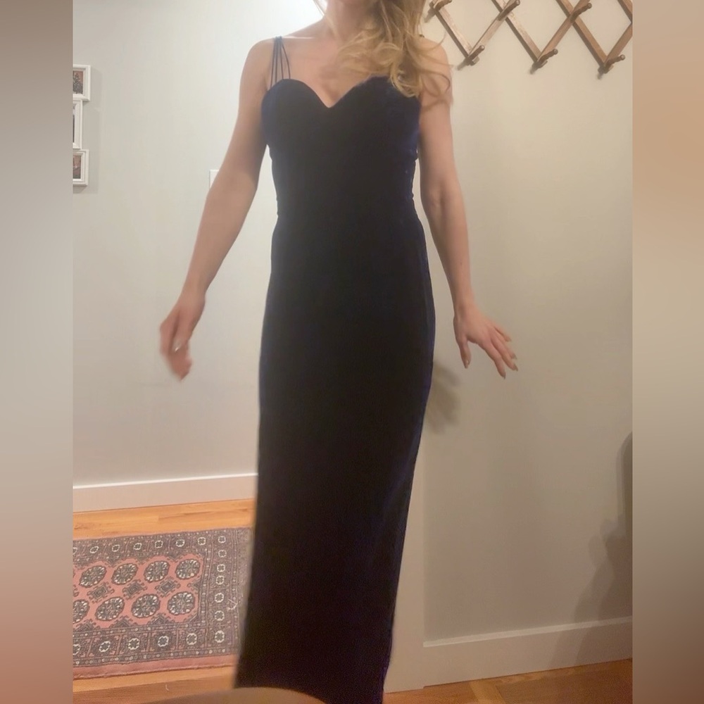 Vintage Blue Velvet Spaghetti-Strap Velvet Gown with big Bow